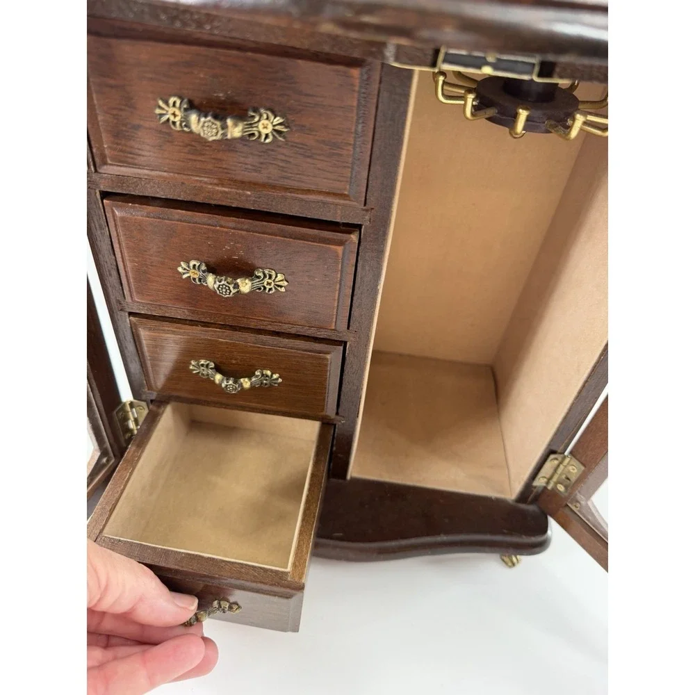Vtg Wood Jewelry Armoire Glass Etched Doors Rotating Carousel Claw Feet 4 Drawer